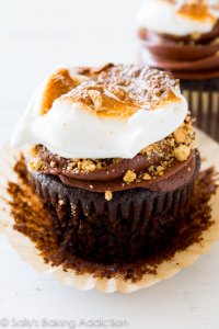 S'mores have never tasted so good! Moist and rich homemade chocolate cupcakes filled with marshmallow, topped with chocolate frosting, graham cracker crumbs, and a toasted marshmallow.