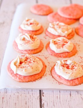 Strawberry Cake Mix Cookies with Vanilla Cream Cheese Frosting - Super soft and tender cookies that just melt in your mouth!! Goofproof cookies everyone loves! Perfect for Valentine's Day!!