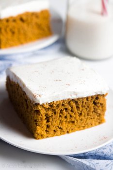 The BEST Pumpkin Cake with Cream Cheese Frosting -- where has this recipe been all my life?? SO tender & addictive. Nobody could tell this clean-eating cake is healthy!