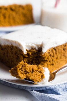 The BEST Pumpkin Cake with Cream Cheese Frosting -- where has this recipe been all my life?? SO tender & addictive. Nobody could tell this clean-eating cake is healthy!